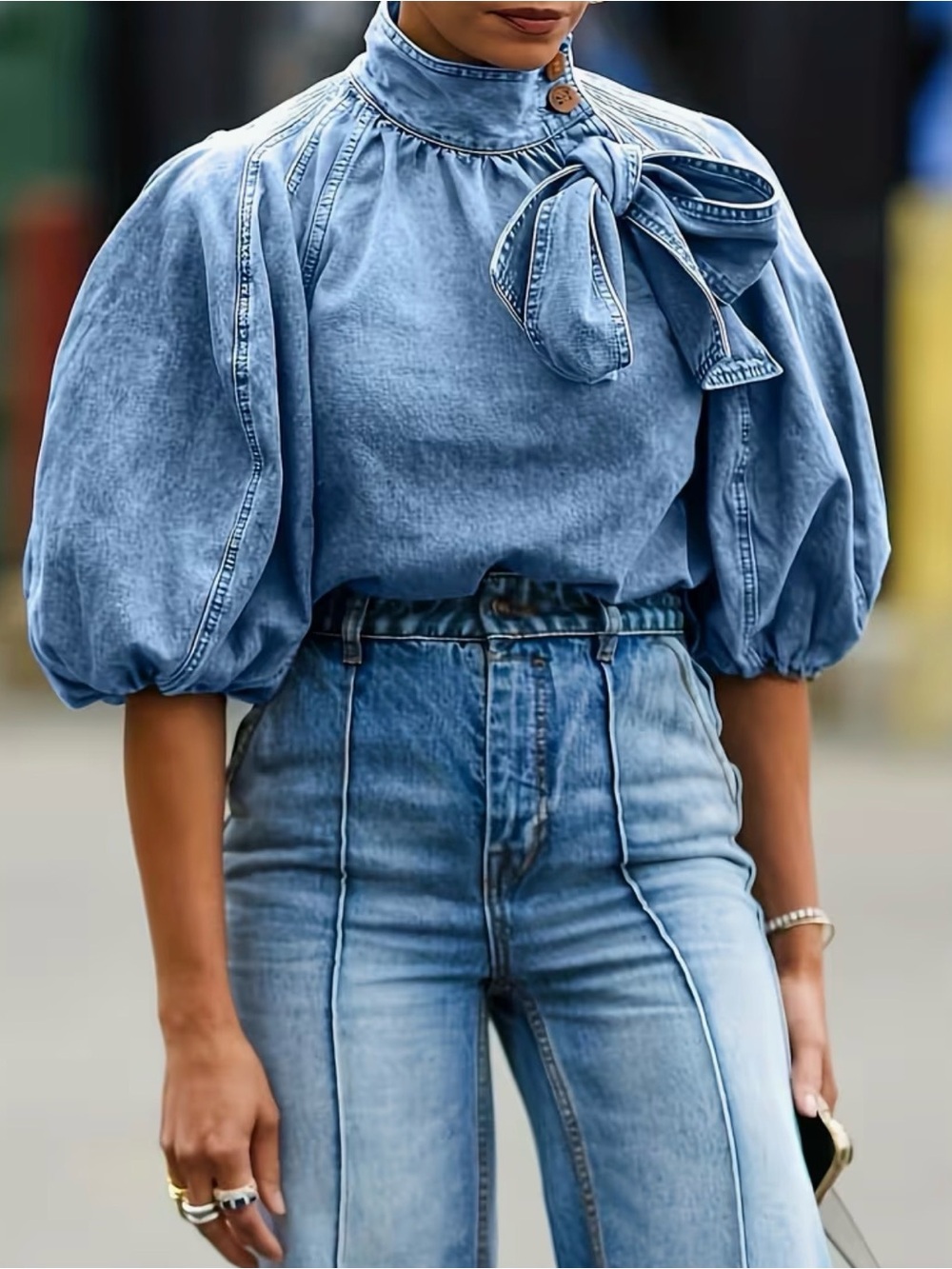 Light Blue Denim Puff-Sleeve Tie-Neck Top - Picture 2 of 3